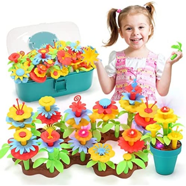 CUTE STONE 140PCS Flower Garden Building Toys for Girls w/Light & Music-Stacking Game Playset-Educational STEM Gifts