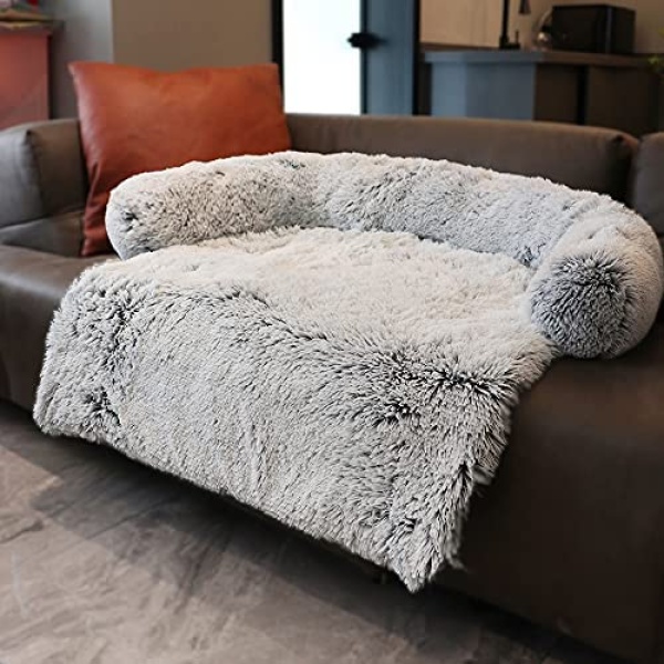 Calming Dog Bed Plush Dog Mat Dog Sofa, Pet Couch Protector for Dog, Pet Furniture Cover with Memory Foam Neck Bolster, Machine Washable Silver Grey Large