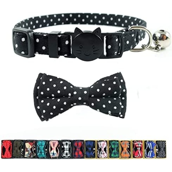 Cat Collar with Bell and Bow Tie, Breakaway Clasp Cute Dots Kitty Kitten Collar(6.8-10.8in) (Black Dots)