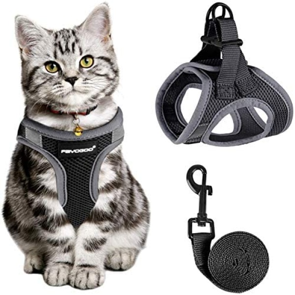 Cat Harness and Leash for Walking Escape Proof, Adjustable Cat Leash and Harness Set, Lifetime Replacement, Lightweight Kitten Harness, Easy Control Breathable Step-in Cat Vest with Reflective Strip(Black)