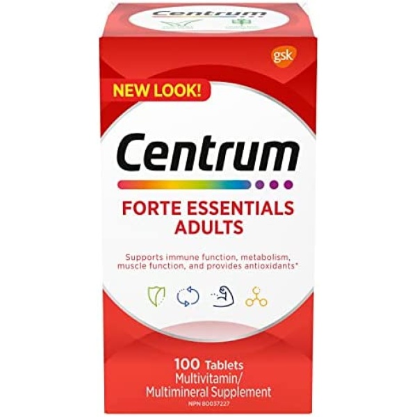 Centrum Adult Forte Essentials Mulitvitamins/Minerals Supplement for Men & Women, 100 Tablets (Packaging May Vary)