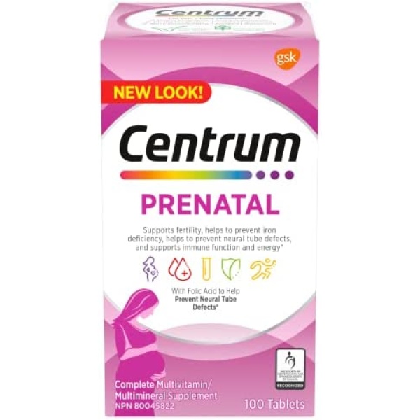 Centrum Prenatal Vitamin Tablet, Postpartum Multivitamin and Mineral Supplement, Essential Prenatal Vitamins, 100 Count (Packaging May Vary)