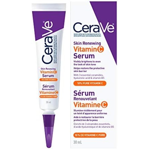 CeraVe 10% Pure VITAMIN C Serum for Face With Hyaluronic Acid | Skin Brightening Face Serum for dark spots with ceramides & Vitamin B5. Fragrance Free, Developed with dermatologists, 30mL