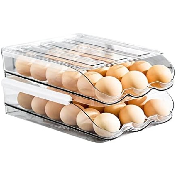 Chris.W Large Capacity Egg Holder for Refrigerator Stackable Egg Fresh Storage Box for 36 Eggs Auto Rolling Egg Storage Container Organizer Bin Clear Plastic Egg Tray for Refrigerator with Lid 2 Layer