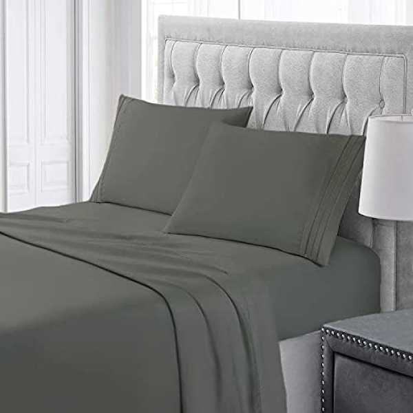 Comfii Home Ultra-Soft Cool Dry Microfiber 4-Piece 1800 Hotel Bedsheets - Deep Pocket 14in - Wrinkle & Fade Free - Hypoallergenic, Embroidery Design (Dark Grey, Full)