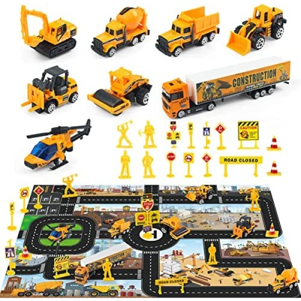 Coolplay Construction Vehicle Set, Truck Toys Construction Cars Toy Dumper, Bulldozers, Forklift, Excavator Little Cars with Play Mat and Road Sign Set for Kids Boy