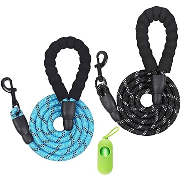 Dog Leash 2 Pack 5 / 8 FT Reflective Rope Comfortable Padded Handle for Medium and Large Dogs, Including a Garbage Bag and a Poop Bag Holder