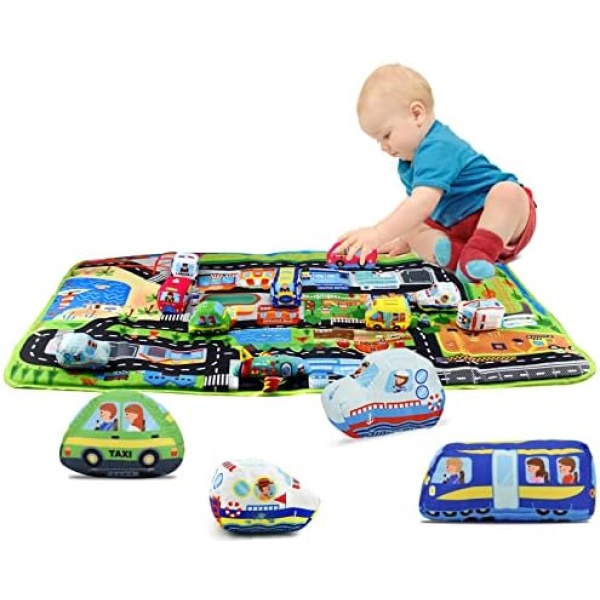 Dr.Rapeti Soft Toy Car Set for Babies Infants Toddlers Kids 1 Oversize Play Mat 10 Soft Toy Cars 47x30inches Washable Non-Toxic