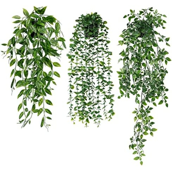 Dremisland 3Pcs Artificial Hanging Plants-Artificial Hanging Plants Potted Greenery Decor-Eucalyptus Mandala Snow Pea Vine in Pot Plants for Office Farmhouse Home Indoor Outdoor Decor (3Pack-A)