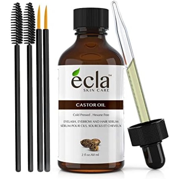 Ecla Castor Oil for Eyelashes and Eyebrows - 240mL 100% Pure Cold Pressed Castor Oil - for Eyelash Eyebrow, Pure Castor Oil for Hair Beards + Eyeliner Brush, Spoolie