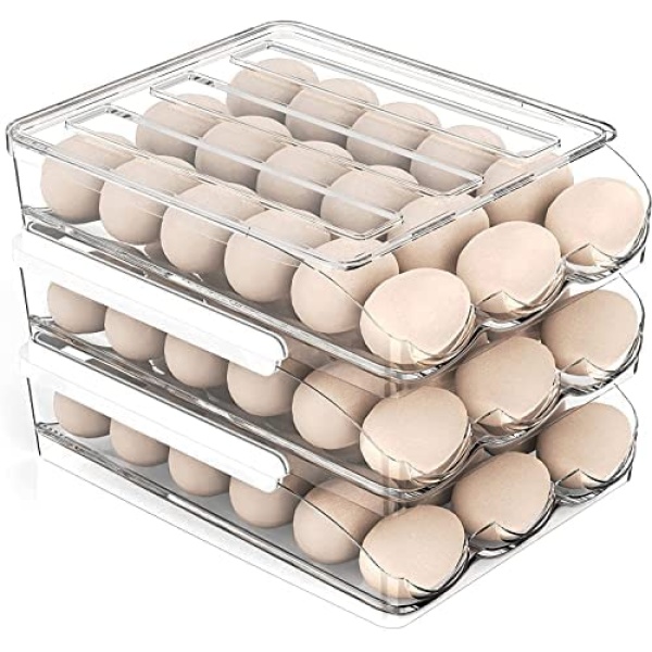 Egg Holder for Fridge Large Capacity 54 Eggs Storage Box for Refrigerator Auto Rolling Clear Egg Container Tray Fridge Storage Organizer for Kitchen (3 Layer)