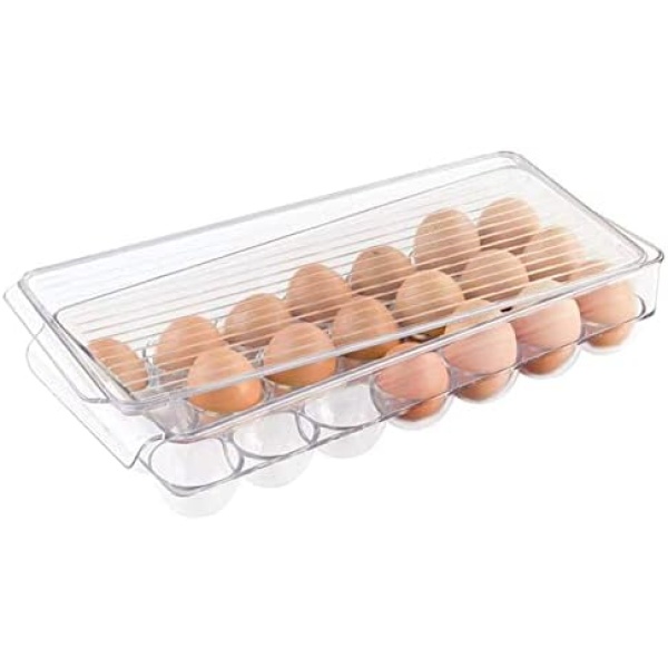 Egg Holder for Refrigerator - 21 Eggs Container Stackable Plastic Organizer with Lid & Handle Egg Storage Container for Fridge