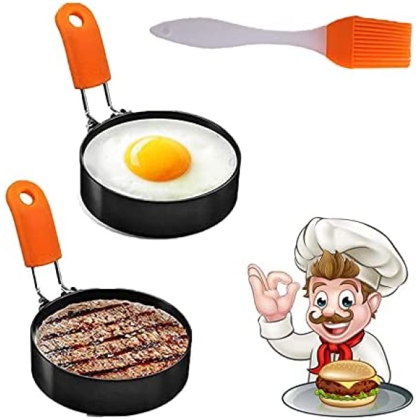 Egg Ring, Cozii 2 Pack Stainless Steel Egg Ring Molds with Anti-scald Handle with an Oil Brush Non Stick Metal Shaper Circles for Fried Egg McMuffin Sandwiches,Frying Or Shaping Eggs,Breakfast Household Kitchen Cooking Tool Omelette