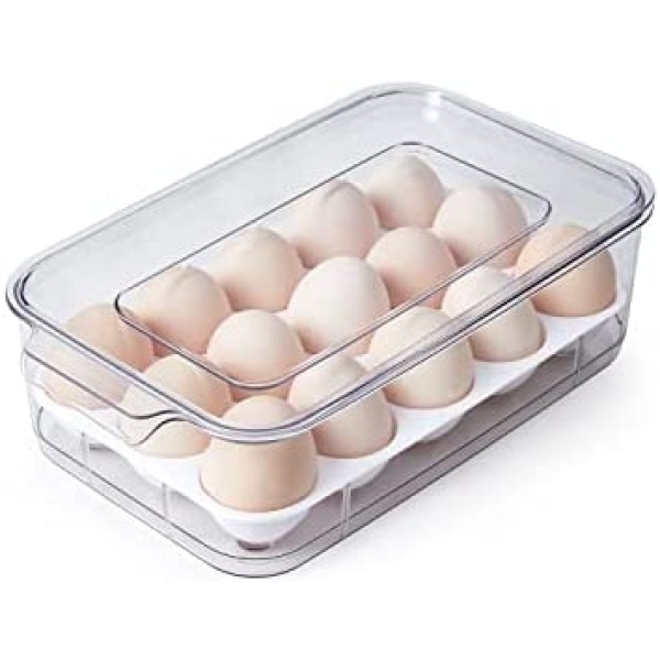 Egg Storage for Fridge, Souyoyu Fridge Organizers Container Clear,BPA-Free Plastic 15 Count Bins with Lid, Egg Tray Moveable