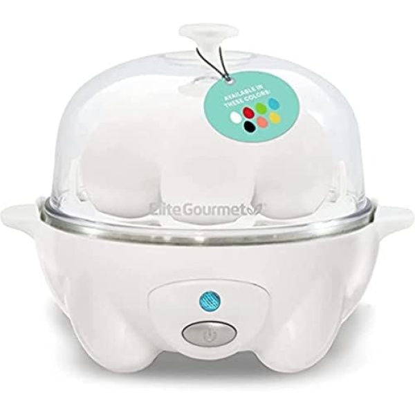 Elite Gourmet EGC-007## Rapid Egg Cooker, 7 Easy-To-Peel, Hard, Medium, Soft Boiled Eggs, Poacher, Omelet Maker, Auto Shut-Off, Alarm, 16-Recipe Booklet, BPA-Free, White