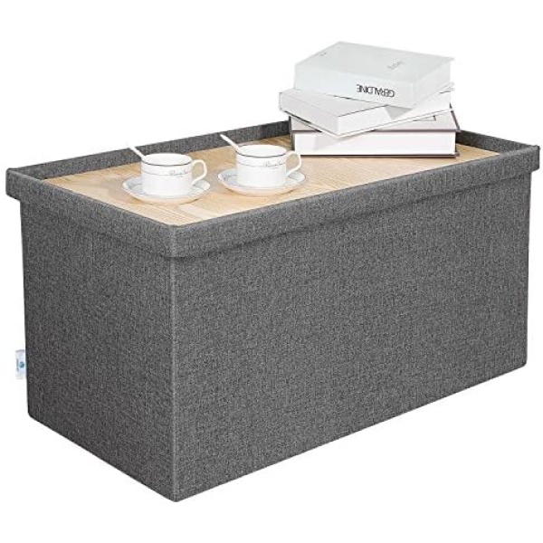 FSOBEIIALEO Storage Ottoman with Tray, Linen Coffee Table Folding Long Shoes Bench Footstool, Dark Grey 30"x15.74"x15"