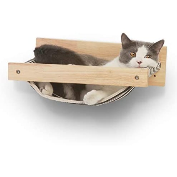 FUKUMARU Cat Hammock Wall Mounted, Kitty Beds and Perches, Wooden Cat Wall Furniture, Stable Cat Wall Shelves for Sleeping, Playing, Climbing, and Lounging, Black Stripe Cat Shelves