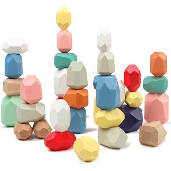 FUNNYB&G Wooden Stacking Rocks Balancing Stones - 38 PCS Natural Wood Building Blocks Montessori Preschool Learning Toys Toddler Sorting Toys for 2 3 4 5 Kids Gift Easter Christmas Birthday Gift