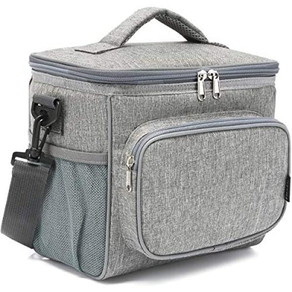 FlowFly Insulated Lunch Bag Adult Lunch Box Large Cooler Tote Bag for Men, Women, with Adjustable Strap,Front Pocket and Dual Large Mesh Side Pockets,Heather Grey