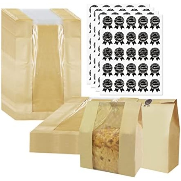 Flunyina Kraft Bread Loaf Bags 100Pcs Breathable Paper Bread Bags with See-through Window Keep Bread Fresh Take-out Containers To-go Bakery Bags for Cookies Cupcakes Toast Chocolate Gingerbread Candy Desserts Other Kitchen Accessories