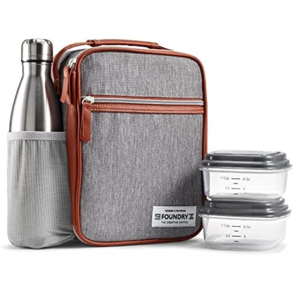 Foundry by Fit + Fresh, Thayer Insulated Lunch Bag with 2 Food Containers & a Stainless Steel Tumbler, Reusable Lunch Box & Mini Cooler Bag, Perfect for School, Work, Picnics & More, Grey