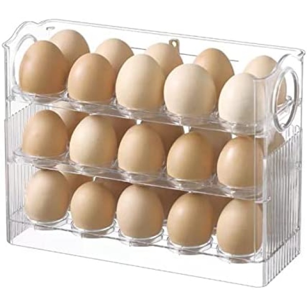 Fridge Egg Storage Box, 3 Tier Flip Fridge Plastic Egg Rack, Fridge Egg Tray Container with Auto Pop Up Design, Kitchen Countertop Fresh Egg Storage Container, (Holds 30 eggs)