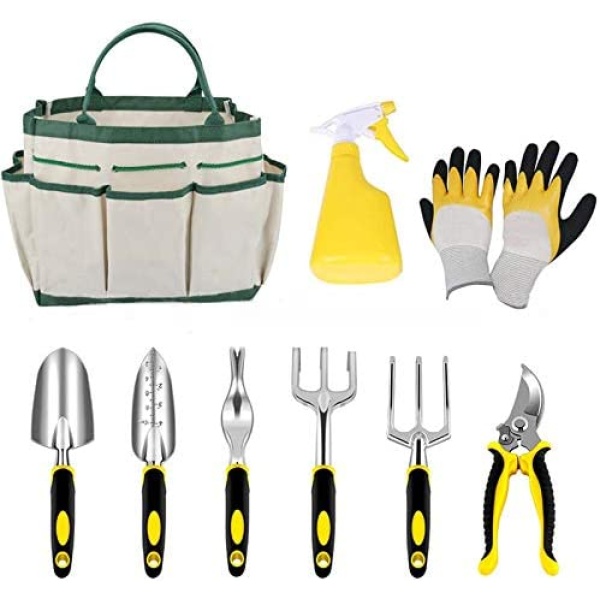 G-BAR Gardening Tool Kit Heavy Duty kit Gardening Set Tools Garden Gloves Garden Planting,Weeding, Trimming, Loosening, Transplanting … Gardening Hand Tools Kit with Storage Bag (9-Pieces, Yellow)