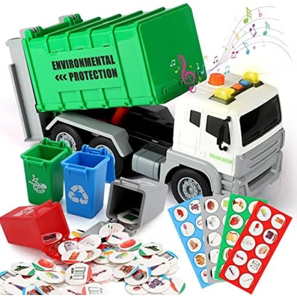 Garbage Truck Toy with Lights and Sounds, Friction-Powered Recycling Truck Toy with 4 Rear Loader Trash Cans,Dump Truck Toy Play Vehicles Car Gifts Set for Kids Boys Girls