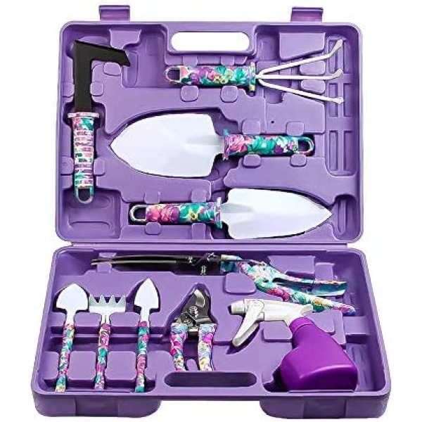 Garden Tool Set, Jhua 10 Pieces Gardening Tools with Carrying Case, Ergonomic Handle Trowel Rake Weeder Pruner Shears Sprayer, Garden Hand Tools Gardening Gifts for Women Men (Purple)