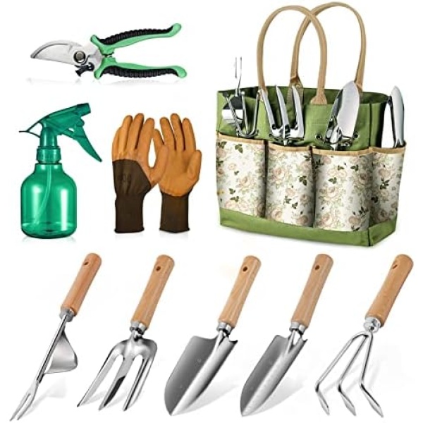 Grenebo Garden Tools: 9-Piece Heavy Duty Gardening Tools with Pruning Shears & Large Garden Tote, Rust-Proof Tools Set for Gardening, Ideal Gardening Gifts for Women & Birthday Gifts for Mom