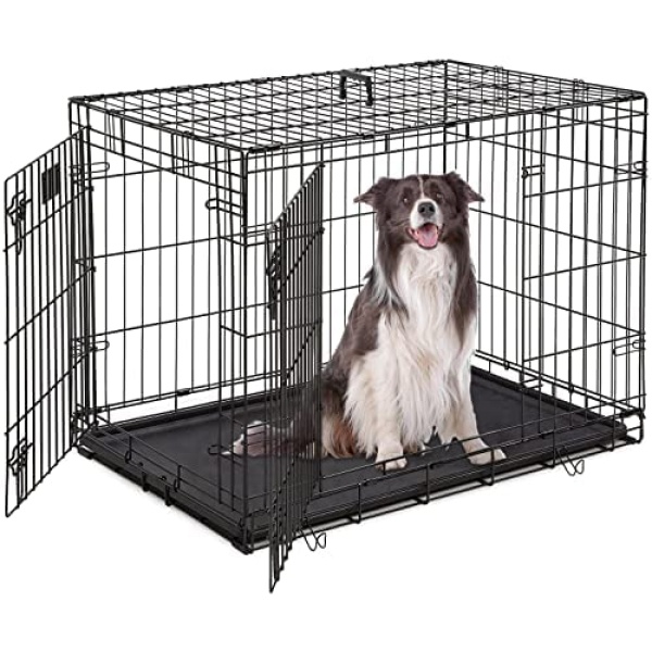 HCY Dog Cage Dog Crate Dog Kennel Folding Metal Pet Crate for Small/Medium/Large Dogs 42 Inch Double Doors Puppy Kennel with Divider Panel Indoor Outdoor Travel Use(Black)