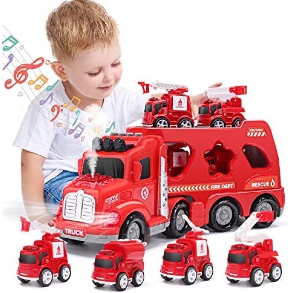 HOLYFUN 5 in 1 Fire Carrier Toy Trucks Set with Spray, 4 Friction Powered Rescue Cars, Fire Play Vehicles Transport Car with Sounds and Lights, Early Education Blocks Toy Gift for Toddler Boys Girls.