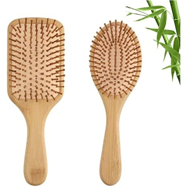 Hair Brush, 2PCS Natural Anti-Static Wooden Bamboo Hair Combs Set (Rectangle+Oval) Bristle Detangling Paddle Hair Comb for Women or Man Reduce Frizz, Massage Scalp for Straight Curly Wavy Dry Wet Thick or Fine Hair