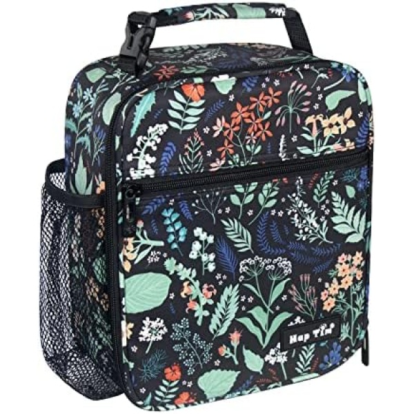 Hap Tim Insulated Lunch Bag Women, Reusable Lunch Box for Women & Men, Adluts Lunchbox for Office Work School, Portable Lunchbag for Kids Boys Girls Toddler, Black Floral（CA18654-BF）