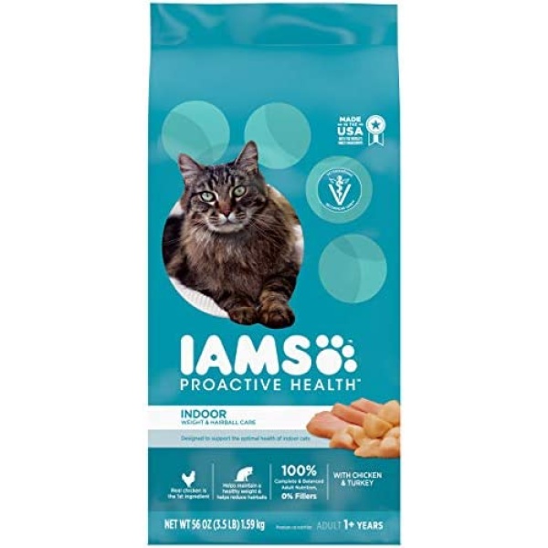 IAMS PROACTIVE HEALTH Adult Indoor Weight Control & Hairball Care Dry Cat Food with Chicken & Turkey Cat Kibble, 3.5 lb. Bag