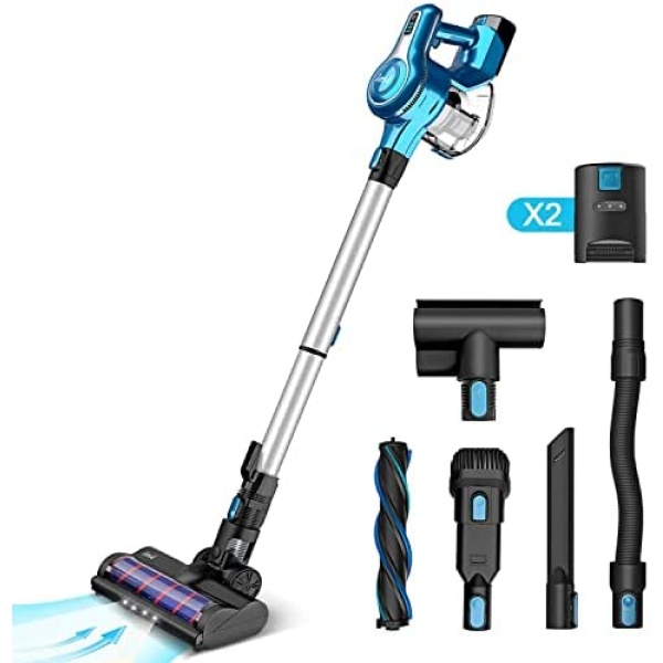 INSE Cordless Vacuum Cleaner with 2 Batt, Up to 80min Run time, Stick Handheld Vacume 10 in 1, Super Powerful Lightweight Quiet Rechargeable for Hardwood Floor Carpet Pet Hair Car Blue - S6P Pro