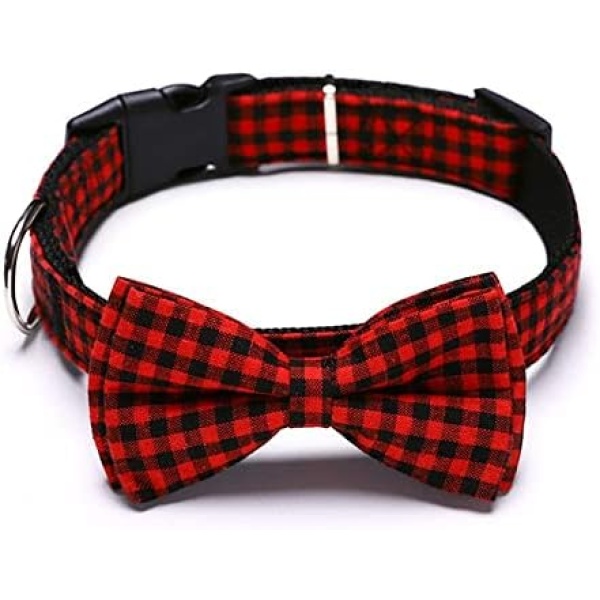 Imikoko Dog Collar with Bow Tie, Soft Cotton Pet Collar with Buckle & D Ring, Strong and Durable Quick Release Red Black Plaid Dog Collar with Detachable Bow Tie for Small Medium Large Dogs Cats