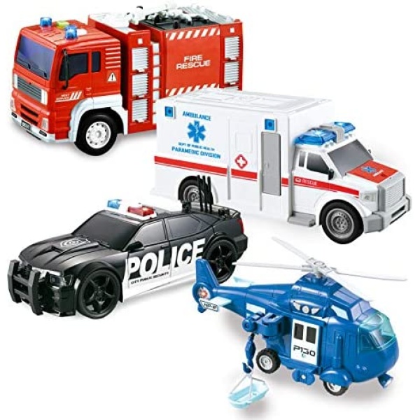 JOYIN 4 Packs Emergency Vehicle Toy Playsets, Friction Powered Vehicles with Light and Sound, Including Fire Truck, Ambulance Toy, Play Police Car and Toy Helicopter, Best Toddler Kids Boys Gifts