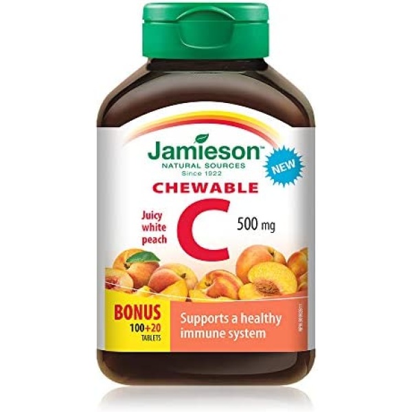 Jamieson Chewable Vitamin C 500 mg - White Juicy Peach Flavour, 120 Count (Pack of 1)