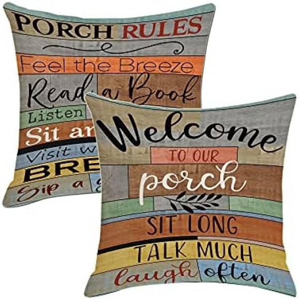 Jartinle Decorative Pillow Covers Porch Rules Sign Outdoor Farmhouse Throw Pillow Covers, Square Linen Patio Cushion Cases for Couch Bench Seat Chair Car 18x18 Inch (2)