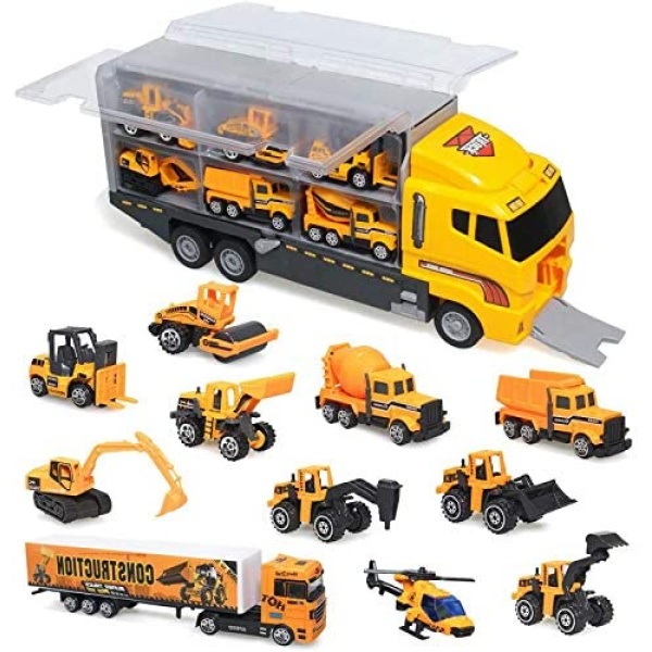 Joyfia 11 in 1 Die-cast Construction Truck Vehicle, Toy Car Play Vehicles Set in Carrier Truck, Construction Toys for 3+ Years Old Boys Girls Kids