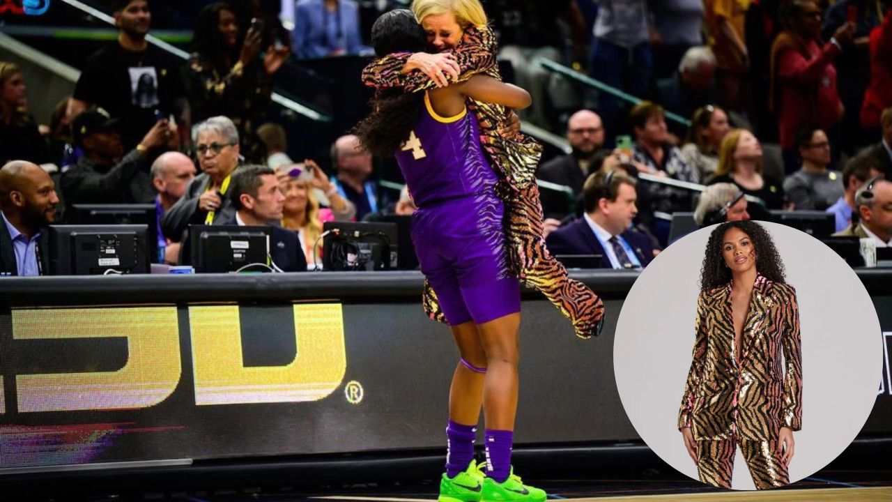 LSU Head Coach Kim Mulkey Wears Nadine Merabi Tiger Sequin Suit for National Championship Win