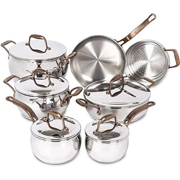 Lagostina Kitchen Pots and Pans, Stainless Steel Cookware Set, All Heat Sources, Bronze Elegance, 12 Piece, Silver, Induction Safe