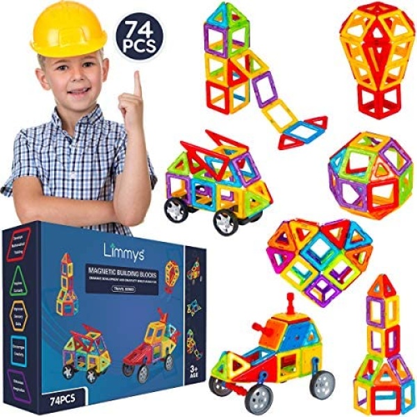 Limmys Magnetic Building Blocks – Unique Travel Series Construction Toys for Boys and Girls – STEM Educational Magnet Toy – Magnet Tiles – Includes 74 Pieces and an Idea Book