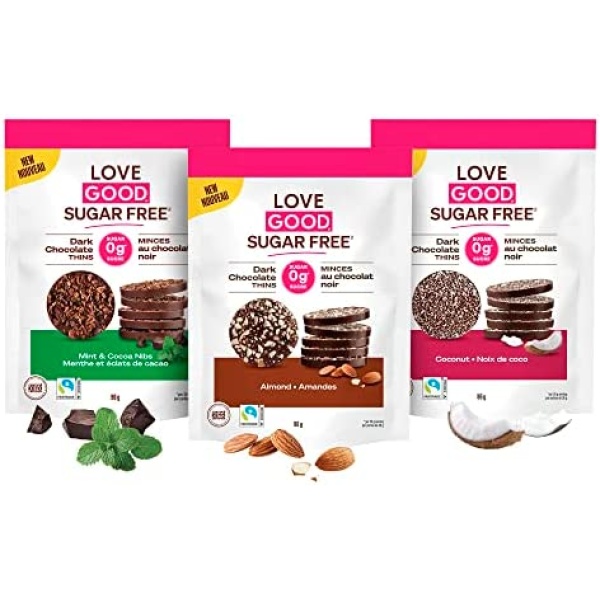 Love Good Fats Sugar Free Keto Candy Snacks - 55% Dark Chocolate Bark Thins Variety Pack - 3g Net Carbs, Gluten-Free, Plant-Based with Naturally Sweet Cocoa - Individually Wrapped Pieces - Almond, Coconut, Mint - 3.4 oz Pouches, 3 Pack