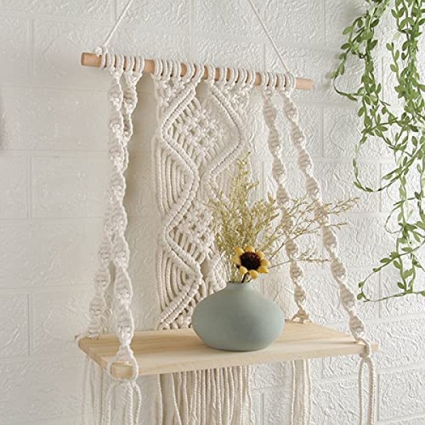 Macrame Shelf Macrame Wall Hanging Shelves Tassel Woven Macrame Wall Shelf for Small Plants Photo Frames Boho Home Decor for Living Room Bedroom Bathroom 11.81*19.69 inches