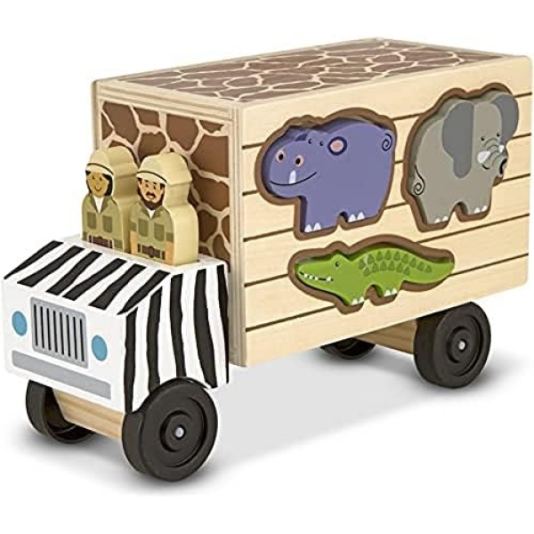 Melissa & Doug Animal Rescue Shape-Sorting Truck - Wooden Toy With 7 Animals and 2 Play Figures | Animal Shape Sorter Toys For Toddlers, Wooden Vehicle Toys For Toddlers