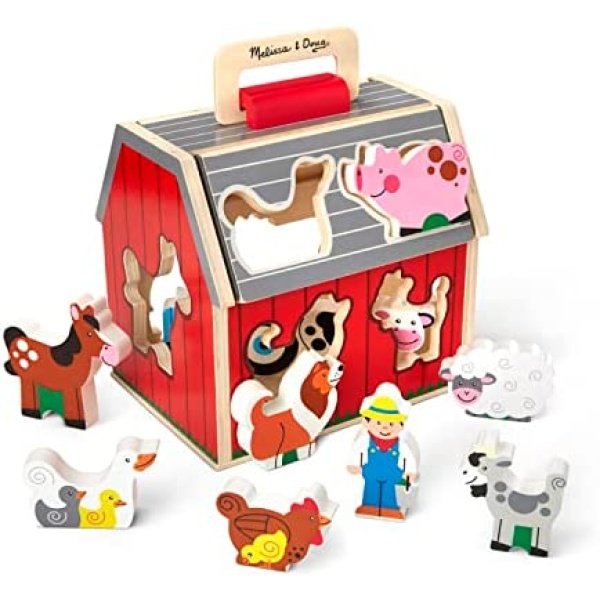 Melissa & Doug Wooden Take-Along Sorting Barn Toy with Flip-Up Roof and Handle, 10 Wooden Farm Play Pieces - Farm Toys, Shape Sorting And Stacking Learning Toys For Toddlers And Kids Ages 2+