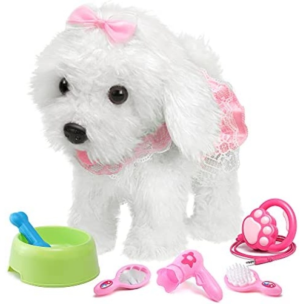 OR OR TU Walking Barking Toy Dog with Remote Control Leash, Plush Puppy Electronic Interactive Toys for Kids, Shake Tail,Pretend Dress Up Realistic Stuffed Animal Dog Age 2 3 4 5+ Years Old Best Gift