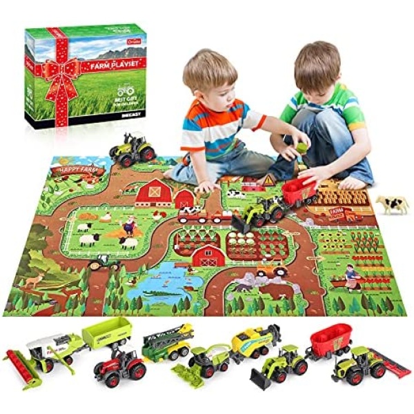 Oriate Farm Tractor Toy Set 38 Piece with Activity Play Mat & Farm Animals for Kids, Realistic Educational DIY Diecast Vehicle Children Gift, Including Trailer, Truck, Horse, Cow